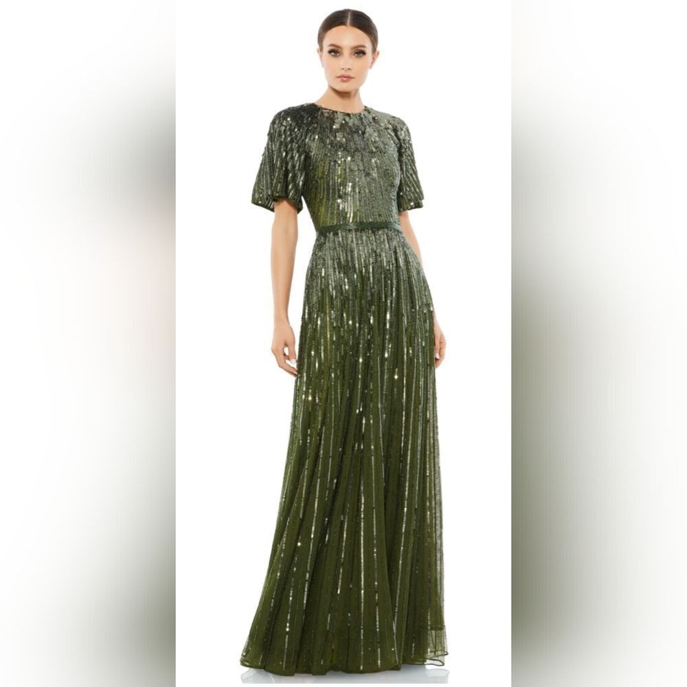 Mac Duggal Olive Green Sequin Short-Sleeve Gown